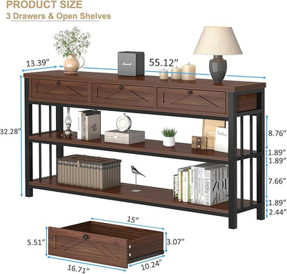 HSH 55” Sofa Table with Drawers, Entryway Table with Storage Shelf, 3 Tier Console Table with Storage Behind Couch for Living Room, Rustic Wood Metal Entry Hallway Table for Entrance, Walnut, 55 in