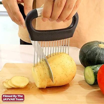 JAYVAR Large Onion Holder for Slicing, 3Pieces Large Tomato Slicer, Stainless Steel Onion Chopper Vegetable Cutter for Potato Lemon, Meat Tenderizer Tool, Kitchen Food Slicer Guide for Neat Slicing