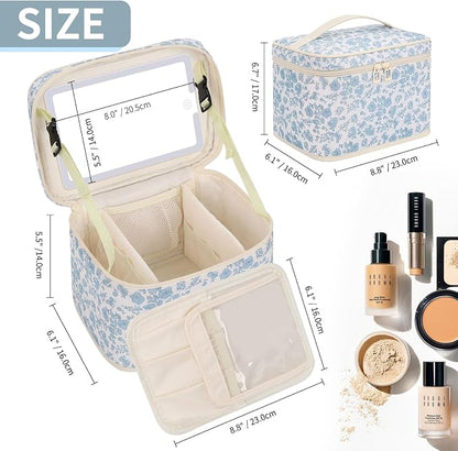 OCHEAL Large Makeup Bag With LED Mirror, Lightweight Travel Makeup Bag With 3 Color Setting Light Up Mirror Cosmetic Makeup Organizer Vanity Case for Women Beauty Tools Accessories Train Case-Floral