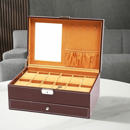 2-Layer Retro Jewelry Box Organizer with Mirror and Lock,Leather Jewelry Box for Womens Girls,Brown Jewellery Holder Organizer Box for Necklace Earrings Rings Bracelets, Christmas New Year Gift