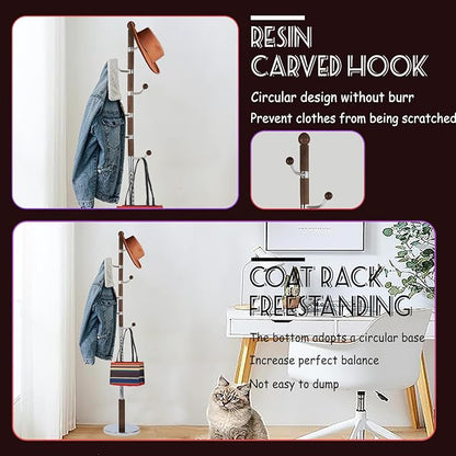 73 in Wood Coat Rack, Coat Rack Freestanding with Stable Round Base, Adjustable Height Tree Coat Racks Stand for Home Bedroom Office Hallway Entryway (Walnut Metal Hook)