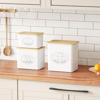 Lifewit Plastic Potato and Onion Storage Bin, Stackable Garlic Keeper with Aerating Holes and Lid, Vegetable Container Box for Pantry Countertop, White, 24 x 18 x 24 cm/9.5 x 7 x 9.5 inch, Set of 3