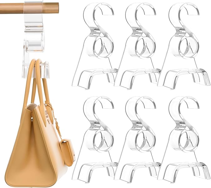 Purse Hanger for Closet 6 Pcs, Acrylic Purse Organizer Hooks, Handbags Hanging Holder for Bag Scarf Belt, Clear