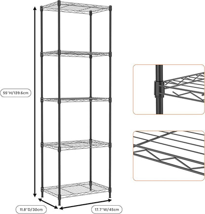 M MZG 5 Tiers Shelf Metal Storage Shelves Wire Rack Closet Organizers with Wheel for Garage Kitchen Bathroom Laundry Black 11.8" D x 17.7" W x 55" H