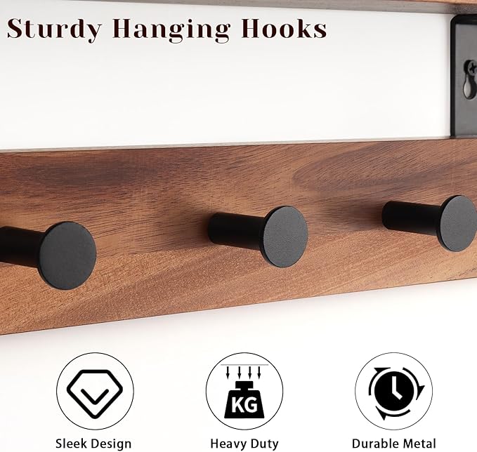 Coat Rack Wall Mount with Shelf, 17" Walnut Wood Wall Shelf with Hooks, Entryway Floating Shelves with 5 Metal Hangers for Coats, Backpacks, Living Room, Bedroom, Bathroom