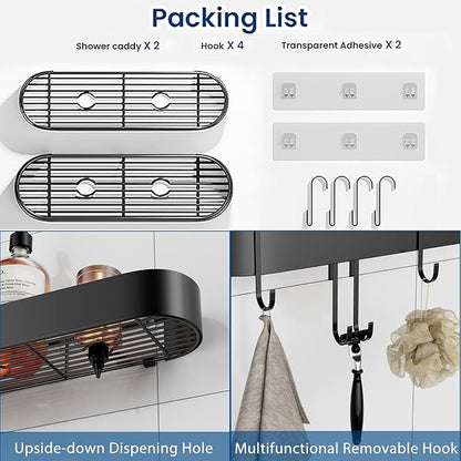 XX Large Adhesive Shower Caddy, 15.8 In Rustproof Metal Bathroom Organizers and Storage with 4 Hooks, No Drilling Shower Shelves for Inside Shower for Bathroom, Dorm and Kitchen(2 Packs)