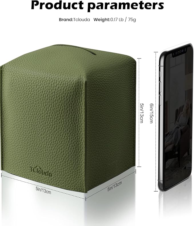 Tclouda Tissue Box Cover for PU Leather, Modern Simple Solid Color Holder Square Tissue Bag, Ideal for Bathrooms,Office,Car,Nightstand,Outdoor Tent,Dining Table,5"X5"X5", Single Green