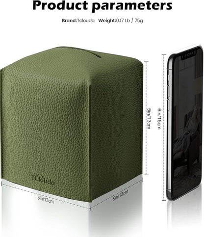 Tclouda Tissue Box Cover for PU Leather, Modern Simple Solid Color Holder Square Tissue Bag, Ideal for Bathrooms,Office,Car,Nightstand,Outdoor Tent,Dining Table,5"X5"X5", Single Green