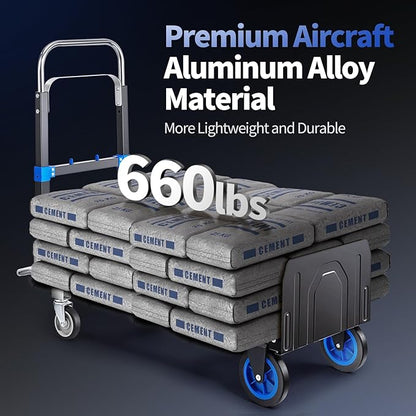 Leomru Pro 3 in 1 Aluminium Hand Truck 660lbs Capacity, Heavy Duty Convertible Hand Truck Dolly W/ 4 Rubber Wheels, Foldable Dolly Cart Collapsible Trolley for Warehouse Home Moving