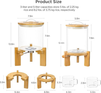 HBlife Glass Rice Dispenser with Wooden Stand Flour and Cereal Container with Glass Measuring Cup Pantry Food Organization Storage Bin with Airtight Bamboo Lid, 3L+5L
