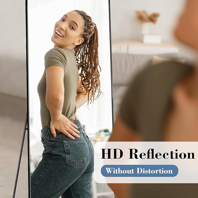 NEWBULIG Mirror Full Length, 56"x21" Body Wall Mirrors with Shatter-Proof Glass, Upgraded Floor Standing Mirror, Hanging or Leaning, with Stand Aluminum Alloy Frame for Home Decor, Bedroom, Black