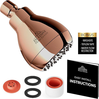 High Pressure Shower Head - Powerful Deluxe Bathroom Showerhead with Strong Spray Stream and Small Silicone Nozzles - Universal Fit Works with High and Low Water Flow Showers 1.8 GPM - Rose Gold