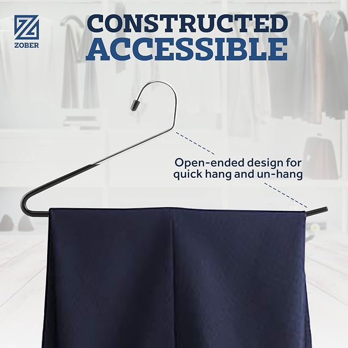 Zober Pants Hangers Non Slip - Open Ended Pants and Jean Hangers for Closet - Space Saving Clothes Hanger - Strong, Durable, Metal Pant Hangers (Black 2O Pack)