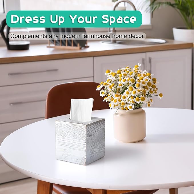 Wood Tissue Box Cover Square - Wooden Tissue Box Holder for Tabletop Night Stands Bathroom Office - Decorative White Facial Cube Tissue Box Cover
