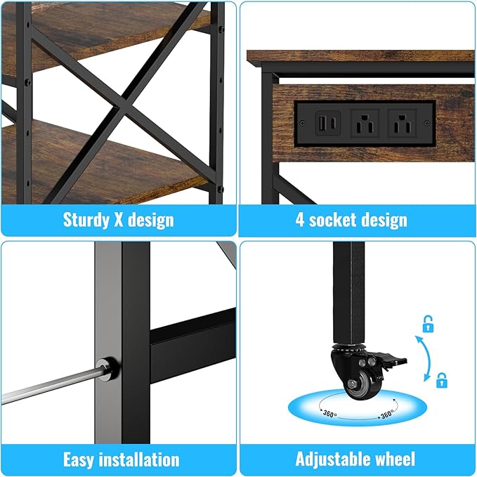 TUMAN Pro Large Printer Stand with Power Outlet 3 Tier Adjustable Shelves Mobile Cart with Industrial Casters 23.6 x 23.6 x 30 Inches for Home Office Rustic Brown