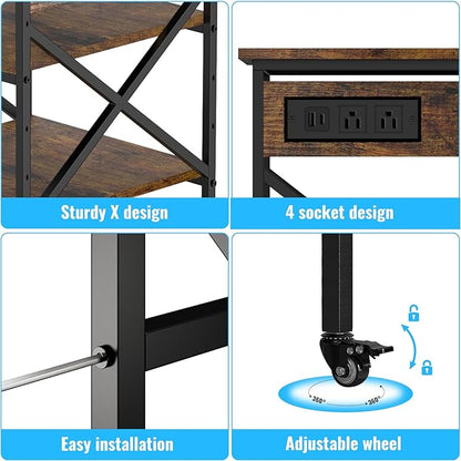 TUMAN Pro Large Printer Stand with Power Outlet 3 Tier Adjustable Shelves Mobile Cart with Industrial Casters 23.6 x 23.6 x 30 Inches for Home Office Rustic Brown