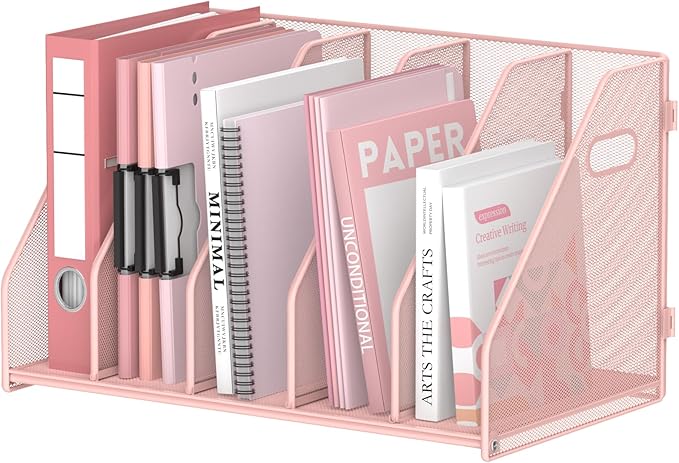 SUPEASY Binder Organizer, Magazine File Holder with 5 Vertical Compartments Rack, Metal Desk File Organizer & Binder Holders, Magazine Organizers for Office Desktop, Home, School, Classroom (Pink)