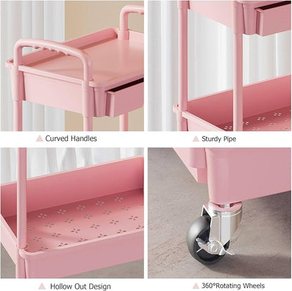 3 Tier Rolling Utility Cart with Drawer, Plastic Storage Organizer Rolling Carts with Wheels Handles Hanging Cups Hooks for Office, Bathroom, Kitchen,Craft Art Room (Pink)