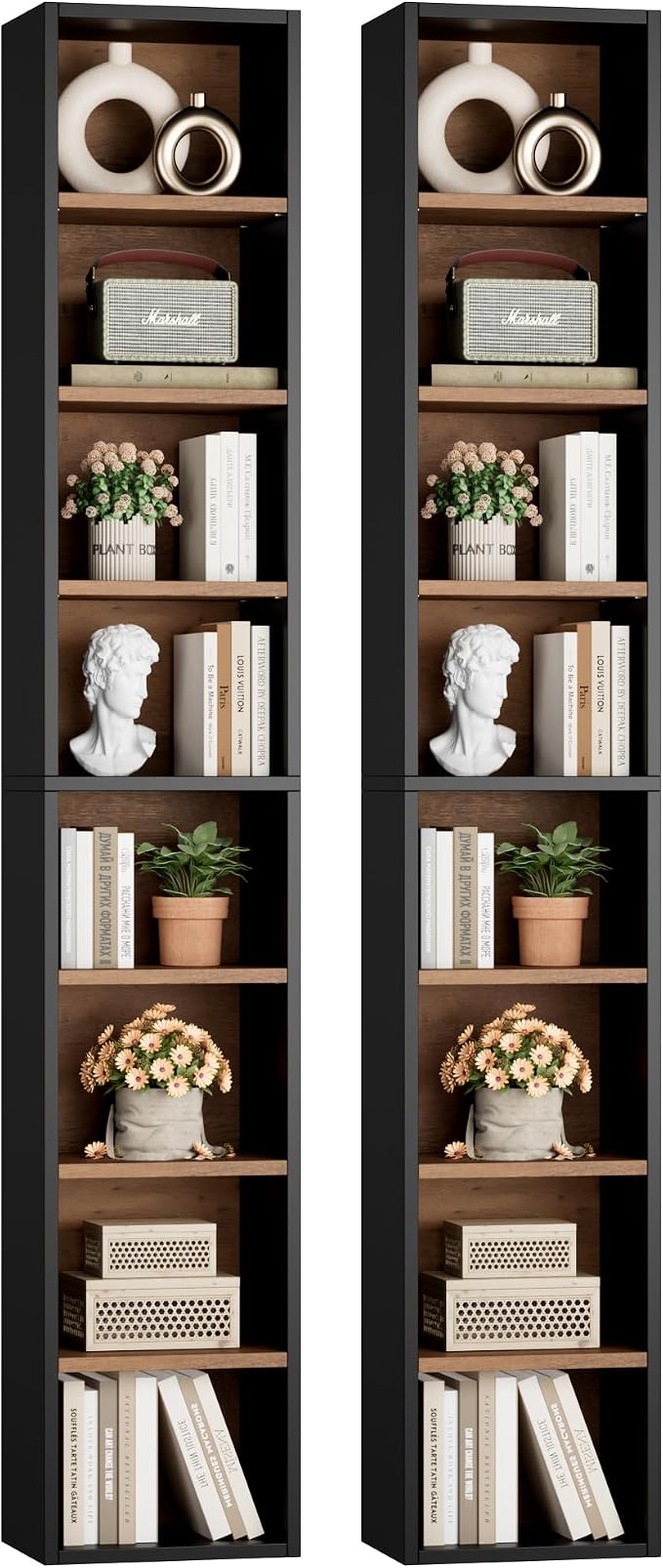 FOTOSOK 2 Pcs 71'' Tall Narrow Bookshelf, 8-Tier Media Tower Rack Set of 2, CD DVD Storage Cabinet with Adjustable Shelves, Tall Narrow Bookcase Skinny Display Bookshelf Slim Shelf, Black/Brown