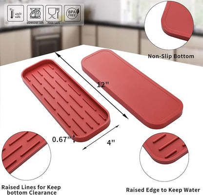 MicoYang Silicone Kitchen Sink Organizer Tray for Multiple Usage,Eco-Friendly Sponges Holder for Kitchen Bathroom Counter or Sink,Dish Soap Dispenser,Scrubber,Bottle,Cup (Red, 12"×4")