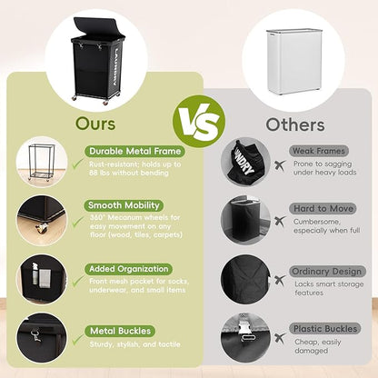 150L Laundry Basket with Lid and Wheels, Rolling Laundry Hamper with Cloth Cover, Laundry Cart with Metal Frame & Removable Bag, Large Dirty Clothes Hampers for Bedroom, Laundry Room Bathroom, Black