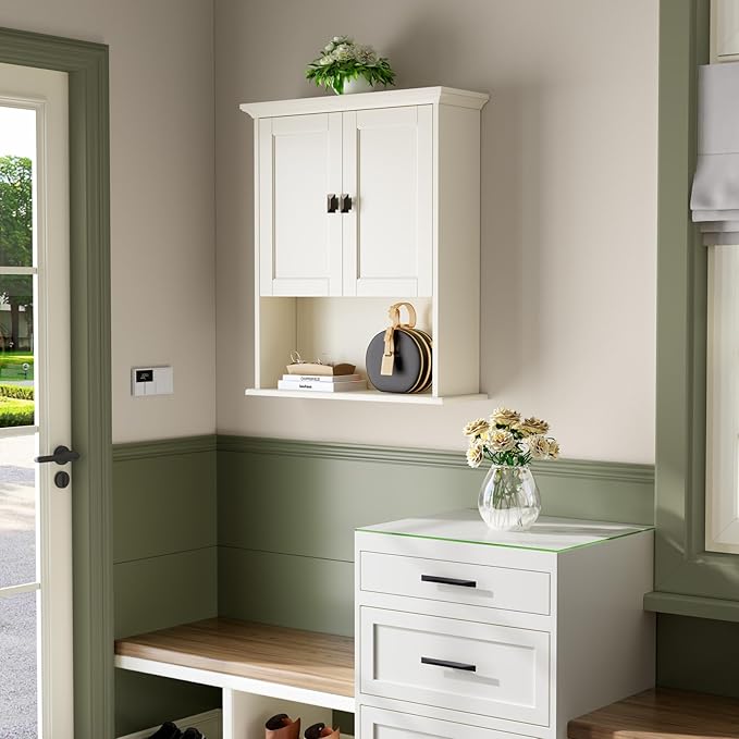 Bathroom Wall Cabinet, Wooden Medicine Cabinet Over Toilet Storage Cabinet with Doors and Adjustable Shelf Wall Mounted Storage Organizer Cabinet Above Toilet (Cream White)