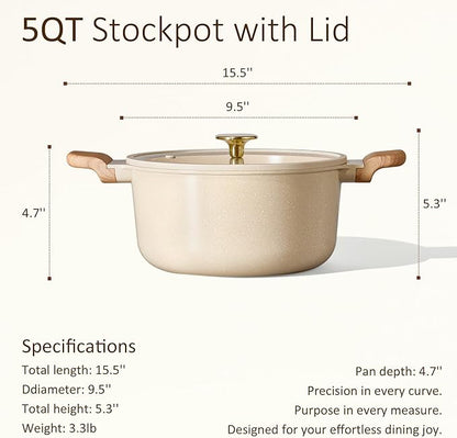 CAROTE 5 Qt Nonstick Stock Pot with Lid Soup Pot, Ceramic 5 Quart Casserole with Lid, Easy to Clean Non Stick Cooking Pot Cookware PFOA Free, Ceramic Oatmeal