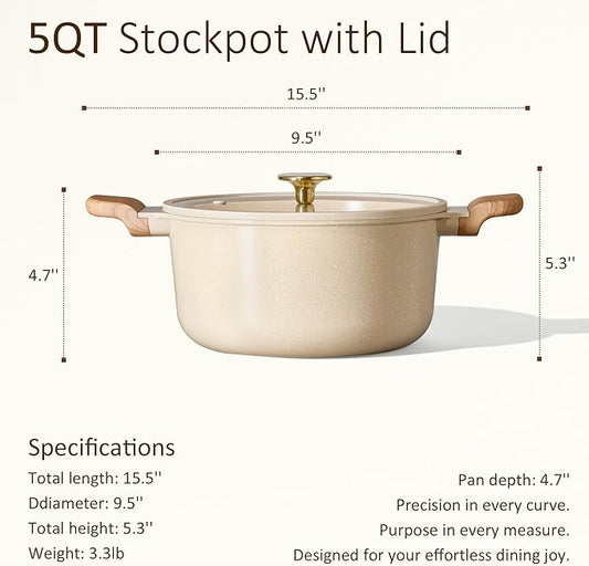 CAROTE 5 Qt Nonstick Stock Pot with Lid Soup Pot, Ceramic 5 Quart Casserole with Lid, Easy to Clean Non Stick Cooking Pot Cookware PFOA Free, Ceramic Oatmeal