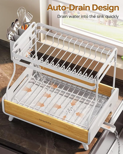 Urackify 2-Tier Dish Drying Rack, Large Stainless Steel & Bamboo Dish Rack for Kitchen Counter, Dish Drainers with Adjustable Automatic Spout, Drying Rack Kitchen with Utensil Holder, White