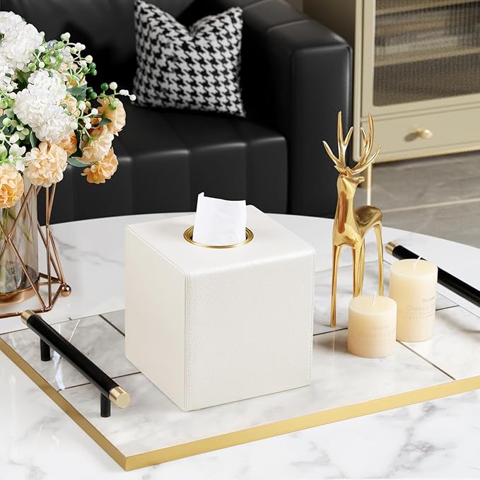MEIBOOCH Square Tissue Box Cover, Luxury PU Leather Tissue Holder with Magnetic Closure (Beige)