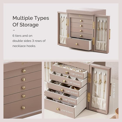 Jewelry Box for Women, 6-Tier Jewelry Organizer Box with Mirror, 5 Drawers Jewelry Storage Case for Ring Necklace Earring Bracelet, Light Taupe