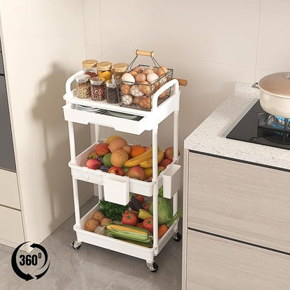 LLMRR 3 Tier Rolling Utility Cart with Drawer, Plastic Storage Organizer Rolling Carts with Wheels Handles Hanging Cups Hooks for Office, Bathroom, Kitchen,Craft Art Room (White)