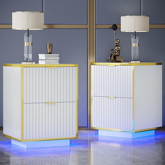 4ever2buy White and Gold Nightstand Set of 2, Modern Bedside Table with LED Lights, End Table for Bedroom Living Room