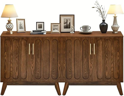 LKTART Sideboard Buffet,Mid Century Modern Storage Cabinet with Doors and Shelves, Boho Style Wooden Buffet Cabinet for Living Room,Walnut