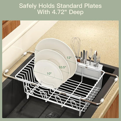 MAJALiS White Dish Drying Rack Over The Sink with Utensil Holder | Expandable Stainless Steel Dish Drainer for Small Kitchen, Apartment, RV, Counter Space Saving, Perfect Fit, Rustproof