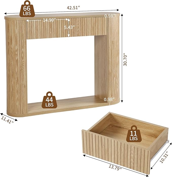42.5” Console Table with 2 Drawers, Fluted Entryway Table with Rounded Corners, Rectangular Sofa Table Behind Couch for Living Room, Hallway, Foyer (Natural)