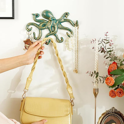 Sungmor Cast Iron Key Holder for Wall, Decorative Octopus Hanger with 6 Hooks, Vintage Green Wall Hooks for Towel, Bathrobe, Necklaces, Purse, Dog Leashes, Bathroom Nautical Decor