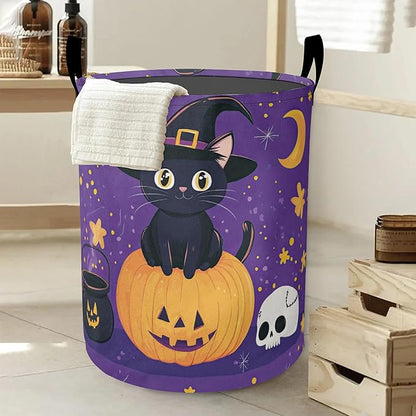 Laundry Basket,Halloween Cat Large Canvas Fabric Lightweight Storage Hamper Organizer Dirty Clothes Collapsible Waterproof for College Dorms,Bathroom