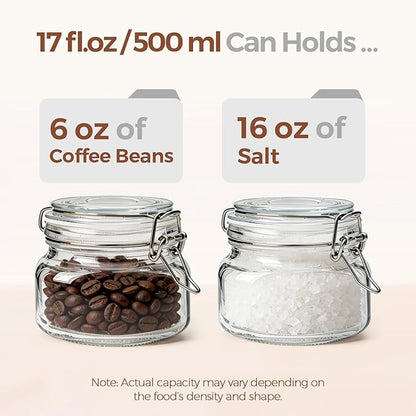 ComSaf Set of 6 Square Glass Jars with Airtight Wire Clamp Lids (17 Oz), Wide Mouth Pantry Canisters for Overnight Oats, Jam, Pickling, Spice Storage, Gifts