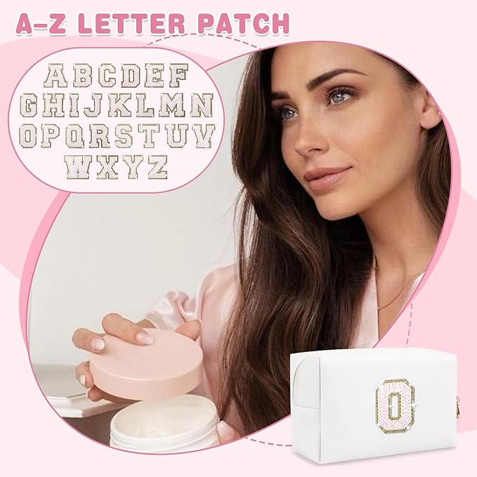 Small Initial Patch Makeup Bag Personalized Gifts Make Up Bag,White Cute PU Leather Glitter Letter Cosmetic Bag with Zipper,Trendy Portable Travel Toiletry Pouch,Preppy Stuff for Teen Girls Women O