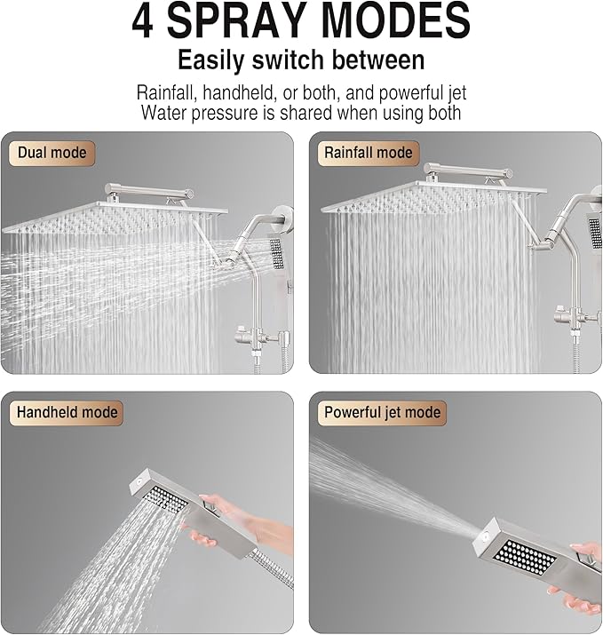 All Metal 12 Inch Rain Shower Head with Handheld Built-in Power Wash Mode, High Pressure Waterfall Rainfall Square Shower Heads with 16" Adjustable Extension Arm, Dual Showerhead(Brushed Nickel)