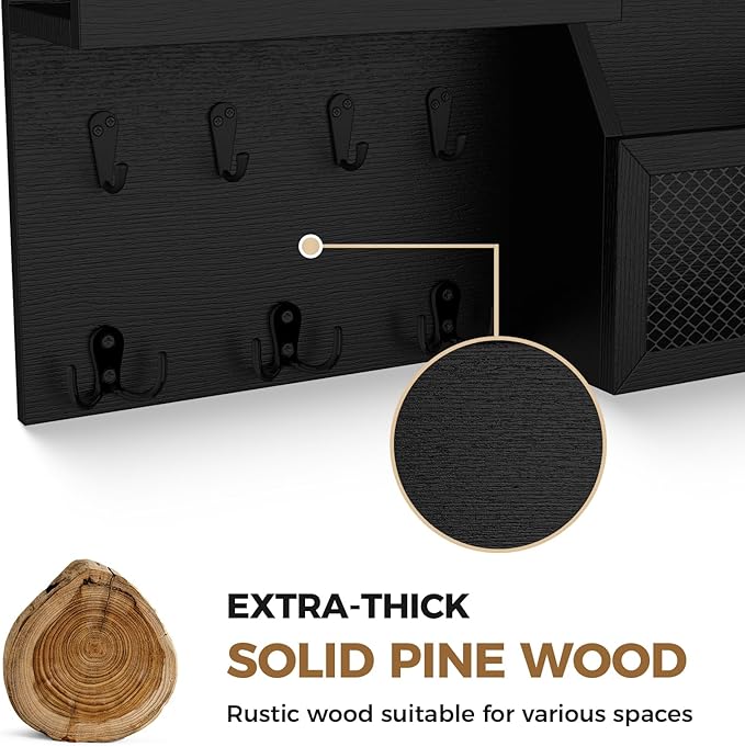 Key Holder Wall Mount Pine Wood 16 X 8 Mail Organizer Farmhouse Key Rack for Wall with Hooks and Shelf, Rustic Wooden Key Hanger for Entryway (Rustic Black)