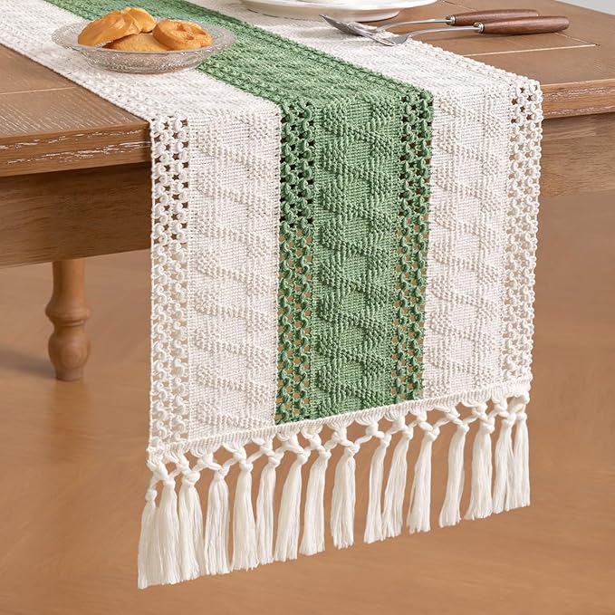 Socomi Boho Table Runner Valentine's Day Farmhouse Rustic Dining Kitchen Small Macrame Woven Cotton Linen Coffee Table Runner for Dresser Scarf Home Decor 12x36 inch Sage Green Ivory