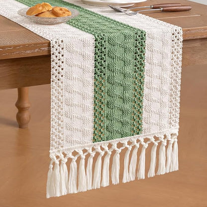 Socomi Boho Table Runner Valentine's Day Farmhouse Rustic Dining Kitchen Small Macrame Woven Cotton Linen Coffee Table Runner for Dresser Scarf Home Decor 12x36 inch Sage Green Ivory
