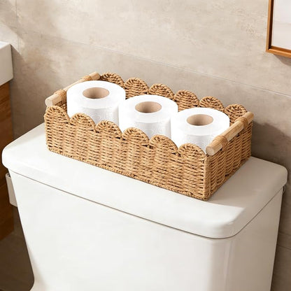 Set of 2 Paper Rope Scalloped Edge Decor Baskets, Small Storage Basket and Toilet Paper Basket for Toilet Paper Storage, Bathroom, Living room, Bedroom & More, 2 Wooden Handles, Neutral