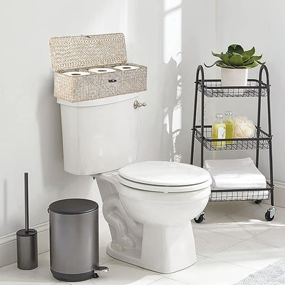 Sumnacon Extended Seagrass Storage Basket with Lid 3-Section Wicker Storage Basket,Small Woven Shelf Basket for Toiletries Tampon Storage,Seagrass Basket for Shelf Bathroom Toilet Counter,Whitewash