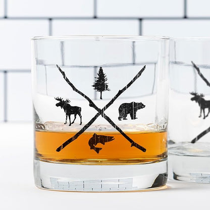 Black Lantern Whiskey Glasses Set of 2 11oz Heavy Base Tumblers for Everyday Use - Old Fashioned Glasses - Dishwasher Safe - Pine Bear Trout Moose