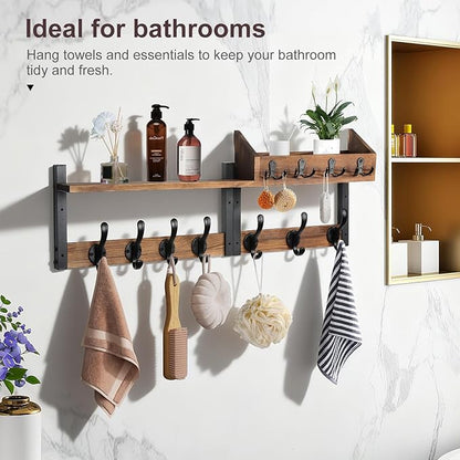 29" Coat Rack Wall Mount with Shelf, 4 in 1 Wood Entryway Shelf with 11 Metal Hooks for Clothes Key Hat Backpack, Wall Hanger for Living Room Bedroom Bathroom