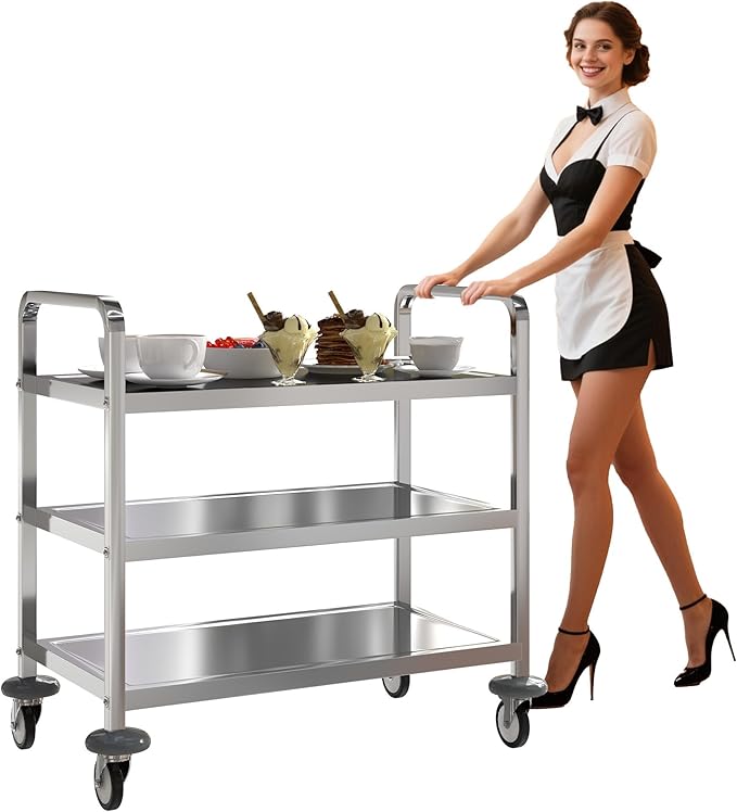 uyoyous 3-Tier Stainless Steel Utility Cart, 360° Rotation Wheels & 400 lbs Capacity, Commercial Serving Cart for Kitchen Hotel Restaurant Home, 30" L x 16" W x 33" H