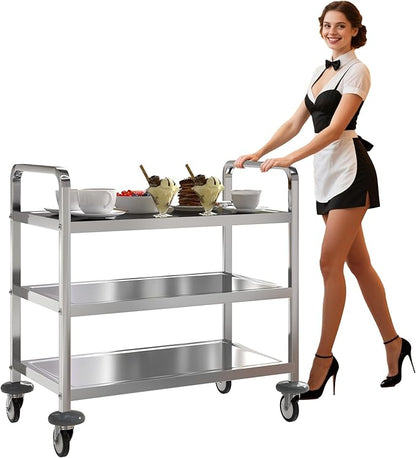 uyoyous 3-Tier Stainless Steel Utility Cart, 360° Rotation Wheels & 400 lbs Capacity, Commercial Serving Cart for Kitchen Hotel Restaurant Home, 30" L x 16" W x 33" H
